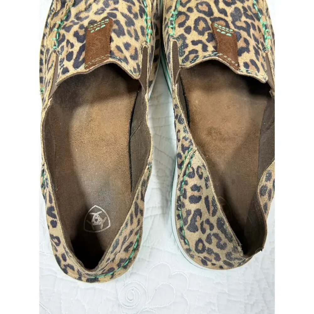 Ariat Women's 8.5 Tan Black Cheetah Print Western Canvas Slip On Loafer Shoes
